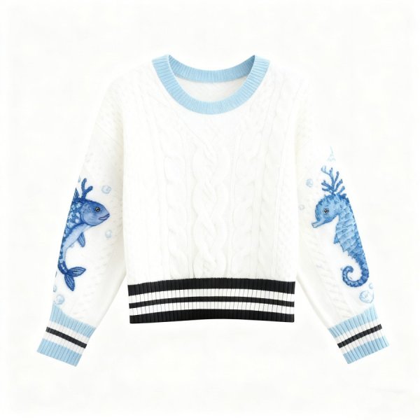 White & Light Blue Underwater Cable Knit Sweater